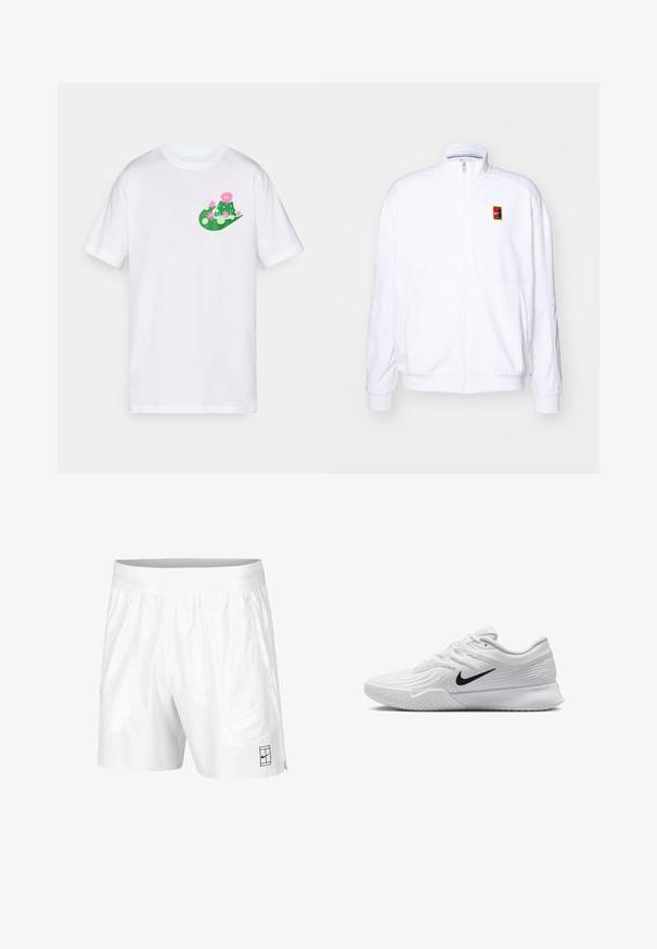 Baltas zip-up džemperis, pagamintas iš minkštos medžiagos, su aukštu kaklu ir mažuoju daugiaspalviu Nike logo kairiajame krūtinės šone.; Balta medvilninė marškinėliai su spalvingu grafiniu dizainu žalia ir rožine spalvomis, pavaizduojančiu kaktusus ir gėles kairėje krūtinės pusėje.; Balti sportiniai šortai, pagaminti iš lengvos medžiagos, su elastinga juosta, su dviem šoninėmis kišenėmis ir mažu juodu logotipu ant apatinio krašto.; Baltas sportinis batas su tekstūruota tinkleliu, juodu Nike swoosh logotipu, paminkštintu apvadu ir guminėmis pado detalėmis su protektoriumi.