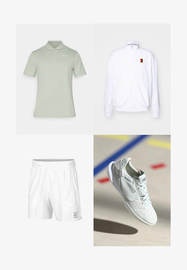 Vit zip-up sweatshirt gjord av mjukt tyg, med hög krage och en liten flerfärgad Nike-logga på vänster bröst.; Nike Performance NIKECOURT SOLID - Piké - jade horizon/white; Vita idrottsshorts tillverkade av lätt tyg med resårmidja, med två sidofickor och en liten svart logotyp på fållen.; Nike-sneaker i ljusgrått med mocka- och meshtexturer, med perforerade detaljer, en vit sula och en silveraccent vid hälen.