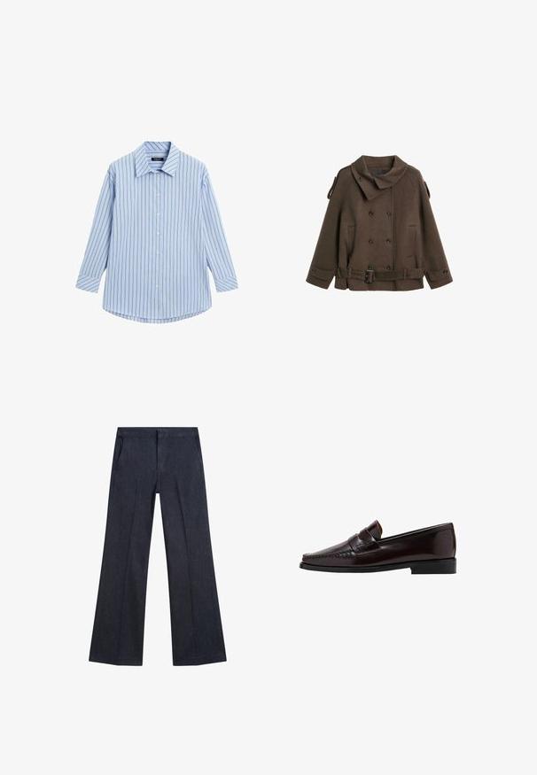 Brown wool peacoat with a large collar, double-breasted button closure, side pockets, and a belt detail at the waist.; Light blue long-sleeve sweater with a wide boat neckline and a straight hem, displayed on a white background.; Light blue button-up shirt with vertical white and thin red stripes, long sleeves, classic collar, and a curved hemline.; Dark blue denim wide-leg trousers with front pockets, a smooth texture, and a flat front waistband. Features tailored pleats on the legs.; Brown leather loafer with a moccasin-style front, raised stitching along the vamp, and a low black rubber sole. Smooth, polished finish.