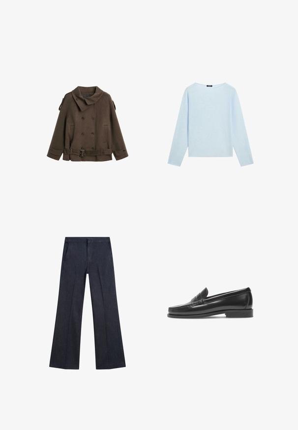 Cappotto peacoat in lana marrone con un ampio colletto, chiusura a doppio petto con bottoni, tasche laterali e dettaglio con cintura in vita.; Maglione azzurro chiaro a maniche lunghe con scollo a barca largo e orlo dritto, esposto su uno sfondo bianco.; Pantaloni a gamba larga in denim blu scuro con tasche frontali, una consistenza liscia e una vita piatta. Presentano pieghe sartoriali sulle gambe.; Mocassini in pelle nera con finitura liscia, tacco basso e fascia decorativa. Presentano una punta cucita e un design minimalista.