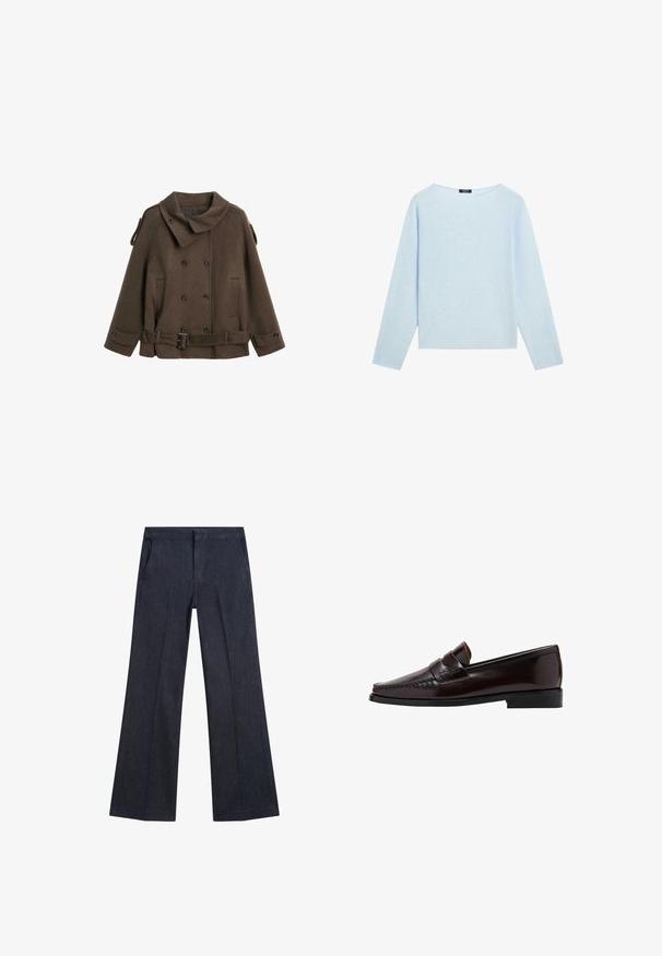 Brauner Wollpeacoat mit großem Kragen, doppelter Knopfverschluss, seitlichen Taschen und einem Gürtel Detail in der Taille.; Helles blaues Langarm-Sweatshirt mit weiter Bootsausschnitt und geradem Saum, auf einem weißen Hintergrund präsentiert.; Dunkelblaue Denim-Hosen mit weitem Bein, seitlichen Taschen, glatter Textur und flachem Bund. Besondere Merkmale sind die stylischen Falten an den Beinen.; Brauner Lederloafer mit einer Mokassin-artigen Vorderseite, hochgezogener Naht entlang des Vamps und einer niedrigen schwarzen Gummisohle. Glatte, polierte Oberfläche.