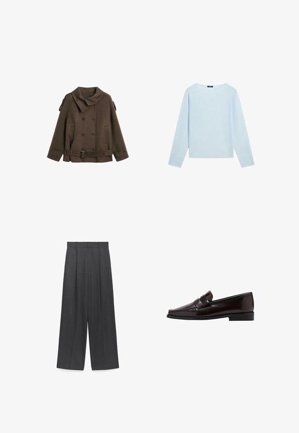 Brauner Wollpeacoat mit großem Kragen, doppelter Knopfverschluss, seitlichen Taschen und einem Gürtel Detail in der Taille.; Helles blaues Langarm-Sweatshirt mit weiter Bootsausschnitt und geradem Saum, auf einem weißen Hintergrund präsentiert.; Hose mit weitem Bein aus dunkelgrauem Stoff, ausgestattet mit einer glatten Textur, vorderen Falten und einem Standardbund mit Gürtelschlaufen.; Brauner Lederloafer mit einer Mokassin-artigen Vorderseite, hochgezogener Naht entlang des Vamps und einer niedrigen schwarzen Gummisohle. Glatte, polierte Oberfläche.