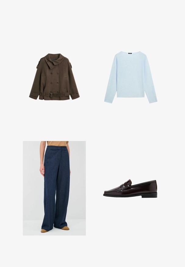 Brun ull peacoat med en stor krage, dubbelknäppt knappstängning, sidofickor och en bältesdetalj vid midjan.; Ljusblå långtärmad tröja med bred båthals och rak fåll, uppvisad mot en vit bakgrund.; Vida byxor i mörkt denimtyg. Har hög midja och rena linjer, tillsammans med bruna slip-on skor.; Brun läderloafers med moccasin-stil framtill, höjd söm längs vaden och en låg svart gummisula. Slät, polerad yta.