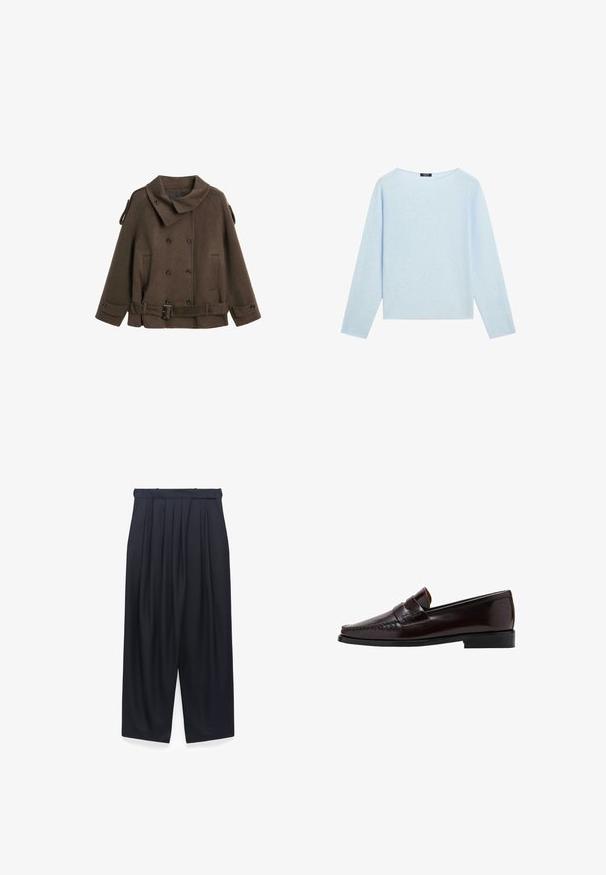 Bruine wollen peacoat met een grote kraag, dubbele knoopsluiting, zijzakken en een riemdetail rond de taille.; Lichtblauwe langemouwentrui met een brede bateauhals en een rechte zoom, weergegeven op een witte achtergrond.; Zwarte plooibroek met wijde benen, hoge taille en riemlussen, plat op een witte achtergrond weergegeven.; Bruine leren instapper met een moccasin-stijl voorkant, verhoogde stiksels langs de voet en een lage zwarte rubberen zool. Glad, gepolijst oppervlak.