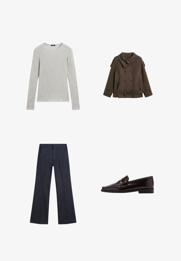 Manteau peacoat en laine marron avec un grand col, fermeture à double boutonnage, poches latérales et une ceinture à la taille.; Chemise grise à manches longues avec une texture côtelée et un col rond. Design simple avec des coutures régulières ; pas de motifs ni d'accents visibles.; Pantalons en denim bleu marine à jambe large avec poches avant, texture lisse et taille plate. Présente des plis tailleur sur les jambes.; Mocassin en cuir marron avec un avant de style mocassin, couture surélevée le long de l'empeigne et une semelle en caoutchouc noir basse. Fini lisse et poli.