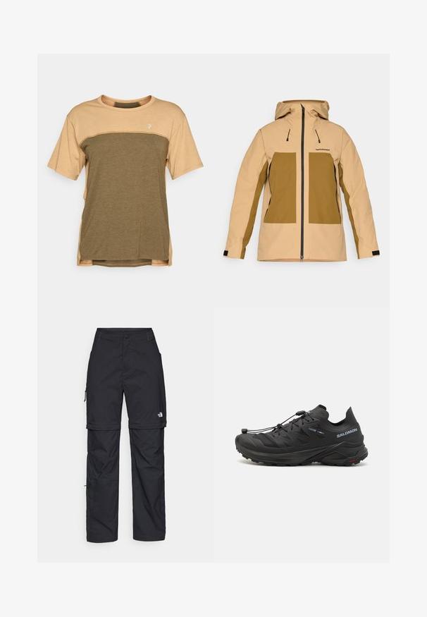 Beež veekindel jakk kapuutsiga, millel on kaks suurt pruuni esikotti, must tõmblukk ja reguleeritavad nöörid.; Lühikeste varrukatega ümar kaelusega T-särk, mille ülemine osa on beež ja alumine osa oliiviroheline, rinnal on väike logo.; Mustad nailonist valmistatud eemaldatavad cargo-püksid, reguleeritavate pahkluudega, mitmete taskutega ja paremal jalal logoga. Sile, kerge tekstuur.; Mustad mustarunnakingad tekstuuriga ülemise osa, võrkpaneelide ja kindla kinnitussüsteemiga. Omab robustset talda haardeks.