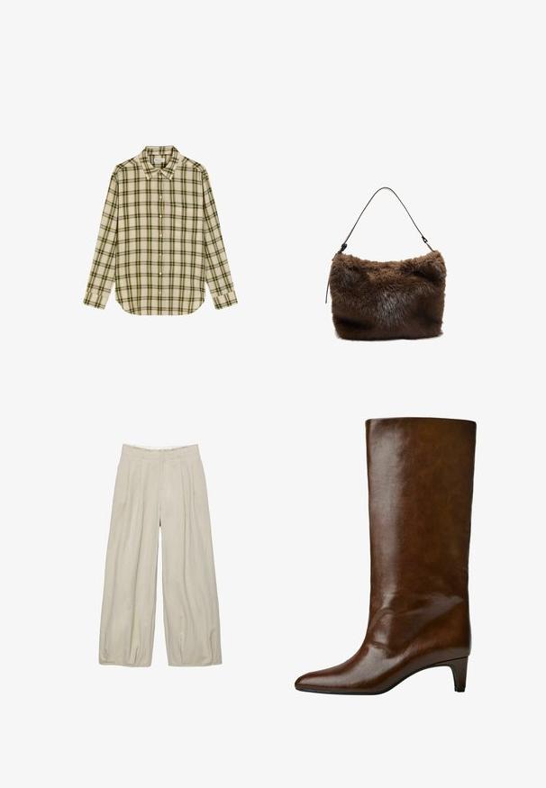Korte mouwen, cropped jas van lichtbeige stof met een subtiele textuur, voorzien van een ritssluiting aan de voorkant en geplooide mouwen voor extra vorm.; Knoopshirt in crèmekleur met een groen en bruine ruitpatroon. Heeft een klassieke kraag en lange mouwen, met een enkele zak op de linkerborst.; Witte short-sleeve t-shirt van gladde stof, met een ronde halslijn en subtiele stiksels bij de zoom.; Beige ruime broek met een gestructureerd oppervlak, voorzien van voorplooien en een aansluitende tailleband. Geen zichtbare sluitingen of zakken.; Bruine leren kniehoog laars met een spitse neus en een taps toelopende hak, met een gladde textuur en eenvoudig ontwerp.; Bruine nep bont schoudertas met een zachte textuur, platte rechthoekige vorm en een dunne leren strap aan elk uiteinde bevestigd.