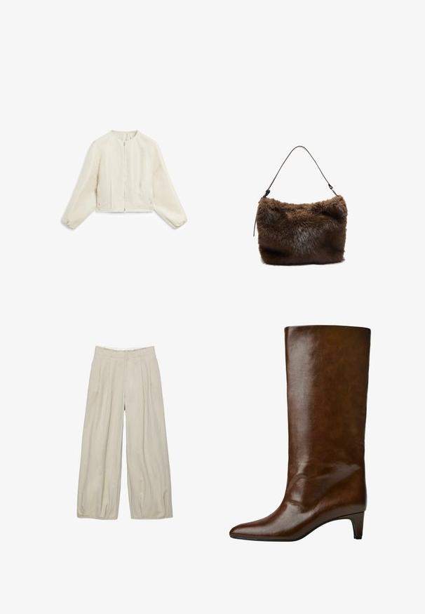 Kurze, taillierte Jacke aus leicht beigem Stoff mit subtiler Textur, ausgestattet mit einem Reißverschluss vorne und gerafften Ärmeln für zusätzliche Form.; Weißes T-Shirt mit kurzen Ärmeln aus glatter Stoffqualität, mit rundem Ausschnitt und dezenten Nähten am Saum.; Hemd in Creme mit grün-braunem karierten Muster. Mit klassischem Kragen und langen Ärmeln, sowie einer einzelnen Tasche auf der linken Brust.; Beige weit geschnittene Hosen mit einer strukturierten Oberfläche, die vorne Falten und einen taillierten Bund aufweisen. Keine sichtbaren Verschlüsse oder Taschen.; Braune Lederstiefel bis zum Knie mit spitzem Zehen und schmalem Absatz, die eine glatte Textur und ein einfaches Design aufweisen.; Braune Imitatfell-Umhängetasche mit weicher Textur, flacher rechteckiger Form und schmalem Ledertragegurt, der an jedem Ende befestigt ist.