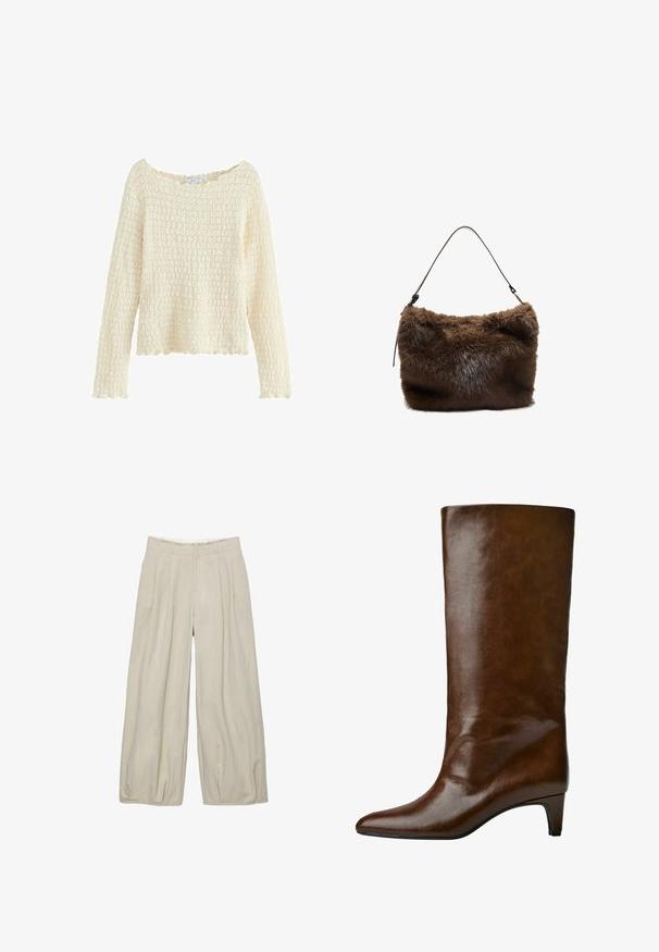 Kurze, taillierte Jacke aus leicht beigem Stoff mit subtiler Textur, ausgestattet mit einem Reißverschluss vorne und gerafften Ärmeln für zusätzliche Form.; Texturierter cremfarbener Pullover mit langen Ärmeln und weitem Ausschnitt. Mit einem gestrickten Muster und einem wellenförmigen Saum. Aus weichem Material gefertigt.; Hemd in Creme mit grün-braunem karierten Muster. Mit klassischem Kragen und langen Ärmeln, sowie einer einzelnen Tasche auf der linken Brust.; Beige weit geschnittene Hosen mit einer strukturierten Oberfläche, die vorne Falten und einen taillierten Bund aufweisen. Keine sichtbaren Verschlüsse oder Taschen.; Braune Lederstiefel bis zum Knie mit spitzem Zehen und schmalem Absatz, die eine glatte Textur und ein einfaches Design aufweisen.; Braune Imitatfell-Umhängetasche mit weicher Textur, flacher rechteckiger Form und schmalem Ledertragegurt, der an jedem Ende befestigt ist.