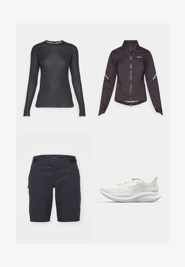 Juodas vandeniui atsparus dviratininko džemperis su ilgomis rankovėmis, aukštu kaklu, priekiniais užtrauktukais ir atspindinčiais akcentais ant pečių. Lengvas, lygus tekstūra.; Ilgų rankovių, juodas sportinis marškinėlis, pagamintas iš tekstūruotos, kvėpuojančios medžiagos. Turi apvalią iškirptę ir raglanų stiliaus rankoves, užtikrinančias judėjimo laisvę.; Tamsiai pilki šortai, pagaminti iš lengvos medžiagos. Įrengti dviem mygtukais ties juosmeniu, šone turi užtrauktuko kišenę ir yra glotnaus paviršiaus.; Baltos sportinės bateliai su tekstūruota viršutine dalimi, raišteliais sujungti ir su paminkštintu padu, turinčiu bangos formos profilį. Subtilus prekės ženklas šone.