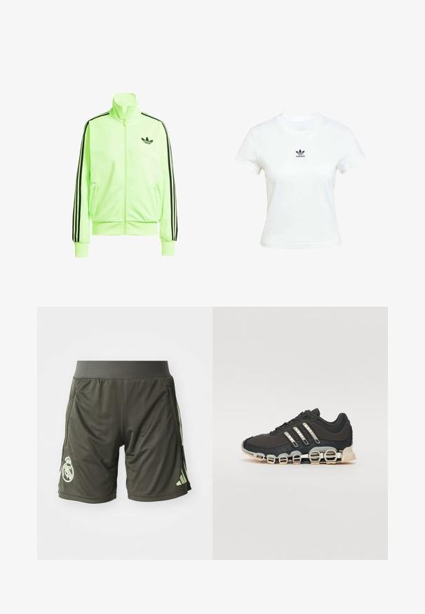 Neon-grüne Zip-Jacke aus glattem Stoff mit schwarzen Seitenstreifen, gerippten Bündchen und einem Adidas-Logo auf der linken Brust.; Weißes Baumwoll-T-Shirt mit kurzen Ärmeln und Rundhalsausschnitt. Verfügt über ein schwarzes Adidas-Logo, das auf der Brust gedruckt ist. Einfaches, minimalistisches Design.; Dunkelgrüne Sportshorts mit einem elastischen Bund, seitlichen Taschen und einem hellgrünen Logo am linken Unterschenkel.; Schwarzer Sportschuh mit einer strukturierten Oberseite, drei silbernen Streifen und einer markanten Dämpfungssohle mit mehreren integrierten Sektionen.