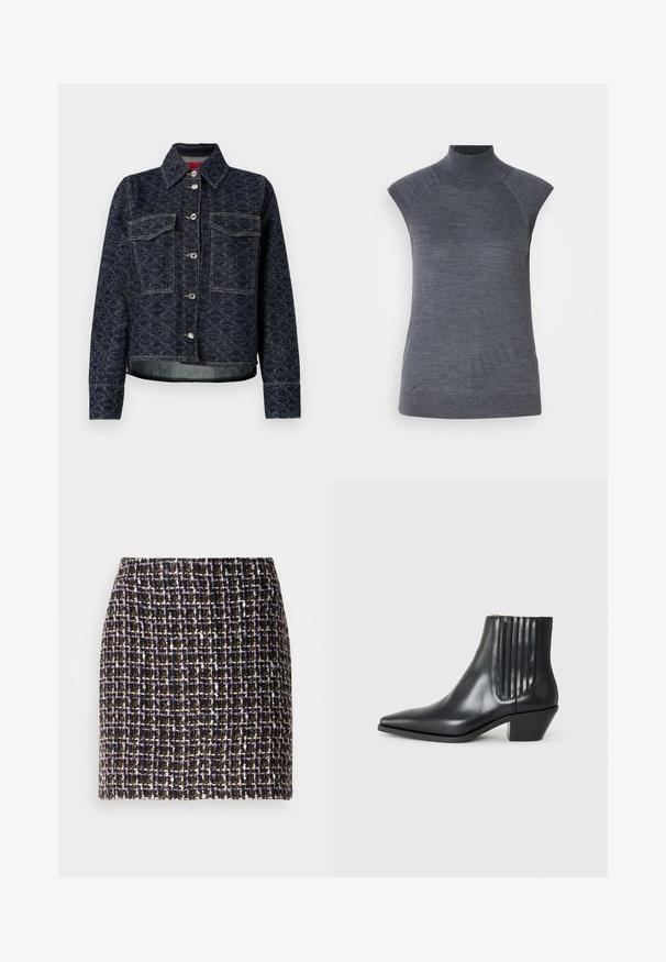 Mørkeblå denimjakke med blomstermønster, som har to brystlommer, sølvfargede trykknapper og en avkortet design med en lett slitt kant.; Grå ermeløs polo topp, kroppsnært snitt, ribbet tekstur, glatt stoff, har høy krage og stilige skulderutskjæringer.; Vevd tweed skjørt med sjakkmønster i svarte, lilla og gulltoner; har en teksturert overflate og elastisk midjebånd.; Sorte skinnankelsko med spiss tå, elastiske sidepaneler med vertikale groper, og en lav blokkhæl. Glatt tekstur og elegant design.