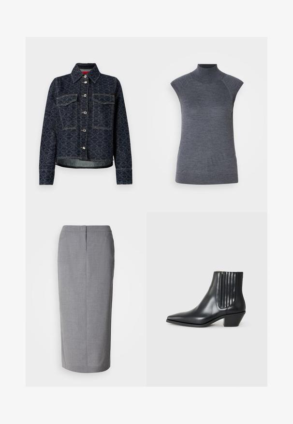 Σκούρο μπλε τζην μπουφάν με ανθισμένο σχέδιο, διαθέτοντας δύο τσέπες στο στήθος, ασημένια κουμπιά με κλίπ και φλοράλ σχέδιο με ελαφρώς φθαρμένο τελείωμα.; Γκρι αμάνικο τοπ με ζιβάγκο, εφαρμοστό σχέδιο, ραβδωτή υφή, απαλό ύφασμα, διαθέτει ψηλό λαιμό και κομψές κοπές στους ώμους.; Γκρί μολυβένια φούστα φτιαγμένη από υφαντό ύφασμα, με ίσια γραμμή, πίσω σχισμή και κρυφό φερμουάρ στο πίσω μέρος.; Μαύρη δερμάτινη μέση μπότα με μυτερή μύτη, ελαστικές πλαϊνές πάνες με κατακόρυφες αυλακώσεις και χαμηλό τετράγωνο τακούνι. Λείο υφή και κομψός σχεδιασμός.