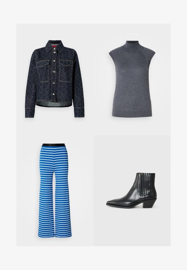 Dunkelblaue Jeansjacke mit floralem Muster, zwei Brusttaschen, silbernen Druckknöpfen und einem cropped Design mit einem leicht ausgefransten Saum.; Graues ärmelloses Rollkragenoberteil, körpernahe Passform, gerippte Textur, glattes Material, mit hochgeschlossenem Kragen und stilvollen Schulter-Ausschnitten.; Blaue und weiße gestreifte Schlaghose mit einem schwarzen elastischen Bund. Hat eine glatte Textur und gleichmäßige horizontale Streifen.; Schwarze Leder-Ankle-Boots mit spitzem Zehenbereich, seitlichen elastischen Einsätzen mit vertikalen Rillen und einem niedrigen Blockabsatz. Glatte Textur und elegantes Design.