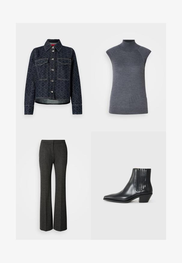Tmavomodrá džínsová bunda s kvetinovým vzorom, má dve náprsné vrecká, strieborné patentky a skrátený strih s mierne obnošeným spodným okrajom.; Sivý bezrukávový rolák, priliehavý strih, žebrovaná textúra, hladká látka, vysoký golier a štýlové výrezy na pleciach.; Sivé rozšírené nohavice vyrobené z textúrovanej tkaniny. Majú plochý predný strih, prispôsobený siluetu a jemný herringbonový vzor po celej ploche.; Čierna kožená členková topánka s špicatou špičkou, elastickými bočnými panelmi s vertikálnymi drážkami a nízkym blokovým podpätkom. Hladká textura a elegantný dizajn.