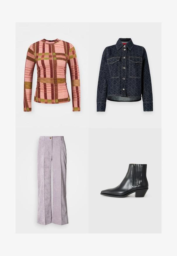 Tume sinine teksajakk lillemustriga, millel on kaks rinnataskut, hõbedased nupud ja lühendatud disain koos kergelt kulunud äärtega.; Piksliste pealöögiga pluus, millel on roosa, pruun ja roheline värv, tekstuuriga kangas ning kogutud detailid vööl ja varrukatel.; Heledad lavendlivärviline korduroykangas püksid, millel on kõrge talje, laiad sääred ja eesolevad voldid. Omab ühte nööbi kinnitust ja õmmeldud äärt.; Must kõva nahast ankle boot terava varbaga, elastsete külgpanelide ja vertikaalsete soontega ning madala ploki kontsaga. Sile tekstuur ja stiilne disain.