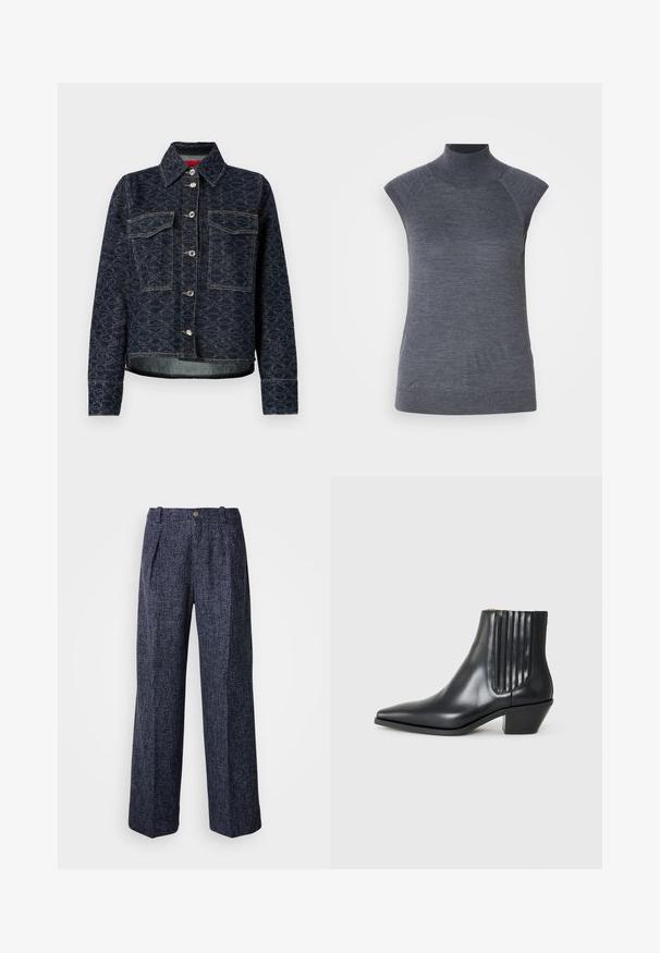 Sötét kék farmerdzseki virágmintával, két mellzsebbel, ezüst színű patent gombokkal és enyhén kopott szegéllyel, rövidített fazonban.; Szürke ujjatlan garbó felső, testhez simuló szabás, bordázott textúra, sima anyag, magas nyakkal és stílusos vállkivágásokkal rendelkezik.; Sötétkék nadrág texturált szövettel, magas derékkal, széles szárú szabással és elülső redőkkel. Egy gombbal és cipzárral záródik.; Fekete bőr bokacsizma hegyes orral, elasztikus oldalsó panelekkel, amelyek függőleges bemetszésekkel rendelkeznek, és alacsony blokk sarkú. Sima textúrájú és elegáns dizájn.