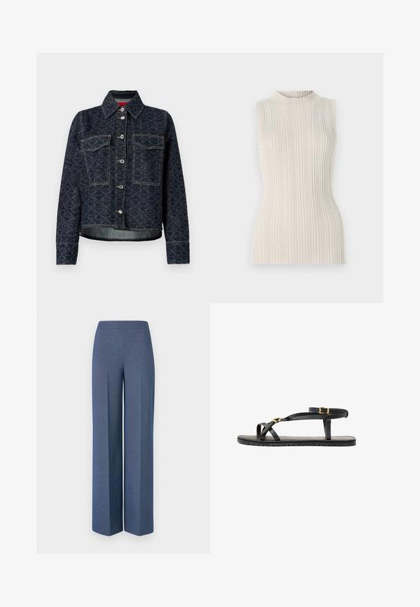 Dunkelblaue Jeansjacke mit floralem Muster, zwei Brusttaschen, silbernen Druckknöpfen und einem cropped Design mit einem leicht ausgefransten Saum.; Ärmelloses Oberteil in hellem Beige mit geripptem Stoff und einem hohen, gerafften Kragen. Die taillierte Silhouette betont die Form.; Weite Hose aus strukturiertem blauen Material mit einem glatten Bund und scharfen Falten an der Vorderseite, die ein maßgeschneidertes Design zur Geltung bringen.; Schwarze Ledersandalen mit dünnen Riemen und einem geschnallten Knöchelriemen. Flache Sohle mit texturiertem Finish und Zickzackkante. Minimalistisches Design.