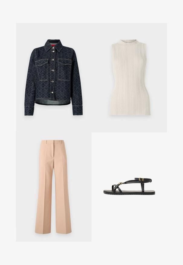 Tumši zili džinsu žakete ar ziedu rakstu, ar divām krūšu kabatām, sudraba snap pogām un īsu dizainu ar viegli nodilušu apakšmali.; Piedurknēns augšējais tērps gaišā bēšā krāsā, ar ribotu tekstūru un augstu, savilktu kakla izgriezumu. Pieguļošais siluets uzsver formu.; Bežīgas, augsta jostasvietas bikses ar plaša stila dizainu. Izgatavotas no gludas auduma, ar priekšējiem krokām un tīru jostasvietu.; Melni ādas sandales ar plāniem siksniņām un ar sprādzi regulējamu potīšu siksnu. Plakans zole ar teksturētu virsmu un zigzaga malu. Minimalistisks dizains.