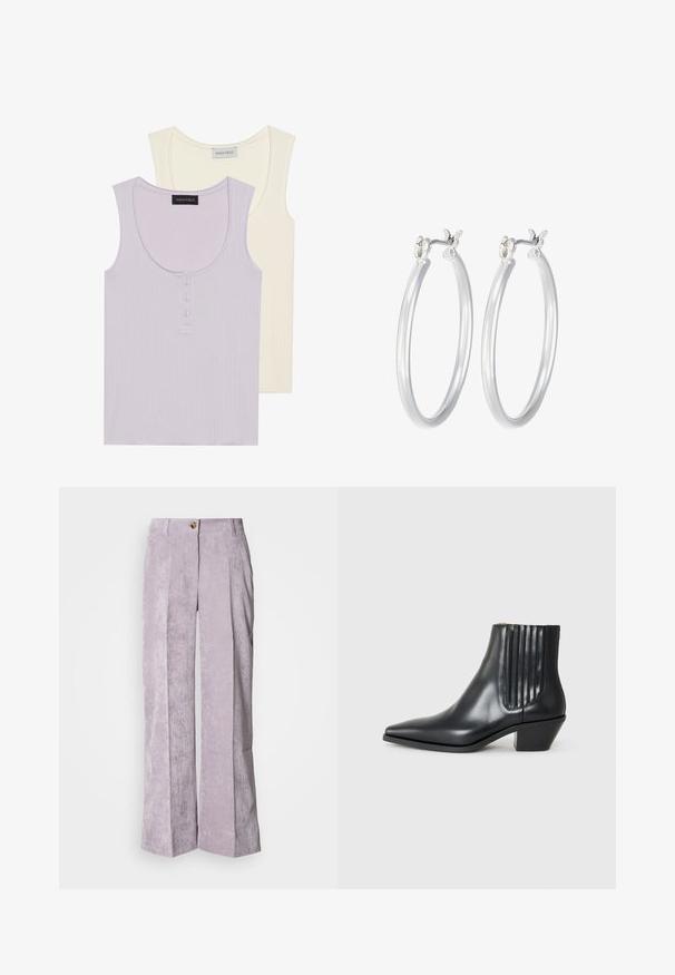 Tmavomodrá džínsová bunda s kvetinovým vzorom, má dve náprsné vrecká, strieborné patentky a skrátený strih s mierne obnošeným spodným okrajom.; Dve tielka: jedno v svetle levanduľovej farbe s rebrovanou textúrou a detailom gombíka, a jedno v krémovej farbe s podobným dizajnom. Obe majú okrúhle výstrihy.; Svetlofialové kordové nohavice s vysokým pásom, širokými nohavicami a prednými záhybmi. Obsahujú jediné gombík na zapínanie a prešívaný lem.; Čierna kožená členková topánka s špicatou špičkou, elastickými bočnými panelmi s vertikálnymi drážkami a nízkym blokovým podpätkom. Hladká textura a elegantný dizajn.; Strieborné kruhové náušnice s hladkým, lesklým povrchom. Kolový tvar a bezpečné klikanie na uzatváranie. Ľahký dizajn vhodný na každodenné nosenie.