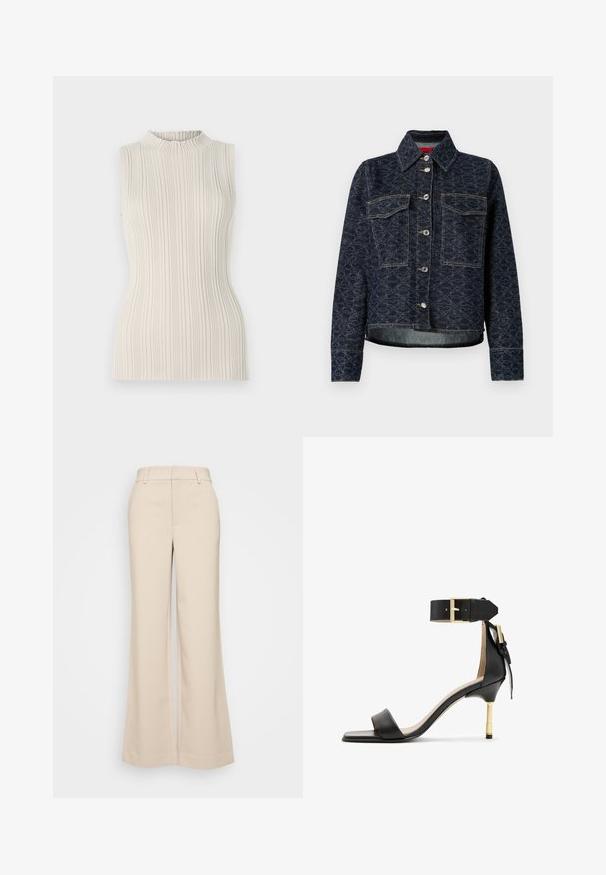 Jachetă din denim albastru închis cu un model floral, având două buzunare pe piept, nasturi prin presare argintii și un design scurt cu o margine ușor distrusă.; Top fără mâneci de culoare bej deschis, cu o textură ribbed și un decolteu înalt, pliat. Silueta ajustată pune în evidență formele.; Pantaloni bej cu croi larg, cu o textură netedă, având o talie înaltă și două buzunare frontale. Design curat cu o croială adaptată.; Sandal cu toc înalt din piele neagră, cu vârf pătrat, curea pentru glezna cu cataramă aurie și toc metalic subțire. Textură netedă, design minimalist.