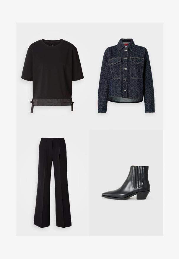Tumma sininen farkkutakki kukkakuviolla, jossa on kaksi rintataskua, hopeiset napit ja lyhennetty muoto hieman kuluneella helmalla.; Musta lyhythihainen T-paita, joka on valmistettu pehmeästä kankaasta. Paitaa koristelee satiinimainen yksityiskohta helman kohdalla, ja siinä on säädettävät nauhat sopivuuden varmistamiseksi.; Mustat housut, jotka on valmistettu sileästä kankaasta, korkea vyötärö, leveä lahje ja kaksi etupleattiä lisäsuunnittelun yksityiskohtana.; Musta nahkainen nilkk boot, jossa on terävä kärki, elastiset sivupaneelit pystyröytiä ja matala lohkarepohja. Sileä pinta ja tyylikäs muotoilu.