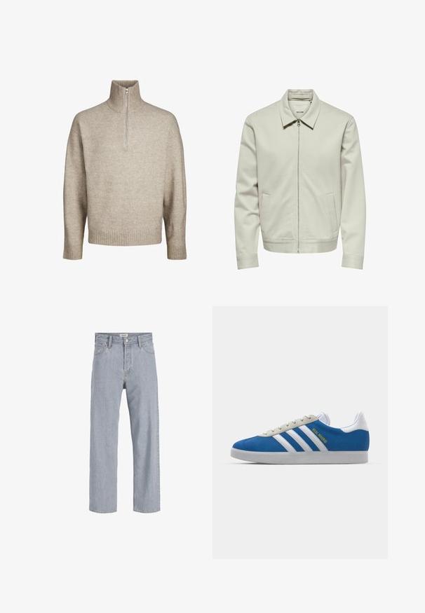 Chaqueta de cremallera beige clara con cuello, mangas largas y dos bolsillos laterales, mostrada sobre un fondo blanco.; Jack & Jones JOROLLIE HALF ZIP - Jersey de punto - atmosphere; Jeans de mezclilla azul claro con un ajuste holgado, diseño de pierna recta, costuras visibles, dos bolsillos frontales y cierre de botón.; adidas Originals ADIDAS GAZELLE SHOES - Botines de fútbol sala - real madrid/bluebird/footwear white/crew yellow