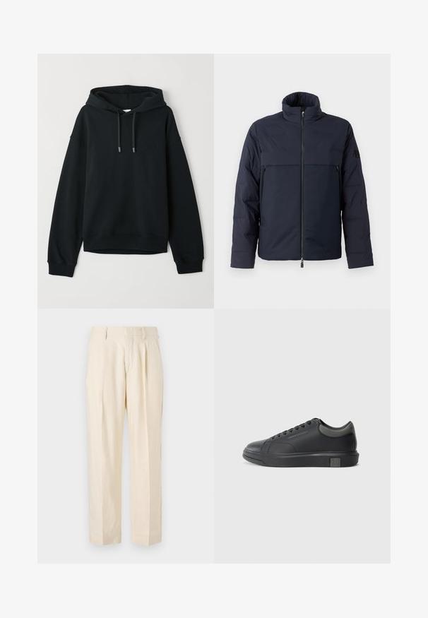 Zelena puffer jakna z visokim ovratnikom, sprednjim zadrgo in horizontalno prsno žepom. Gladka tekstura tkanine, ki ima logotip na rokavu.; Črna kapuca iz mešanice mehkega bombaža. Ima kapuco z vrvico, rebraste manšete in rob, ter diskreten logotip na prsih.; NN.07 KAY - Hlače - off white; Črne usnjene teniske s gladko površino, zaobljenim prstom in temno sivo akcenti. Imajo sistem vezanja in teksturiran gumijast podplat.