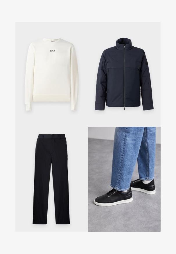 Giubbotto imbottito blu navy con colletto alto, zip frontale e tasca orizzontale sul petto. Tessuto morbido, con logo sulla manica.; Felpa bianca realizzata in tessuto morbido con collo a giro. Presenta maniche lunghe e un piccolo logo EA7 sul petto. Polsi e orlo a coste.; Pantaloni neri realizzati in un tessuto leggero e strutturato, con taglio dritto, vita elasticizzata e tasche laterali con zip.; Sneakers in pelle nera con suole in gomma bianca, dotati di lacci rotondi, superficie liscia e un sottile marchio sul tallone. Indossati con jeans blu.