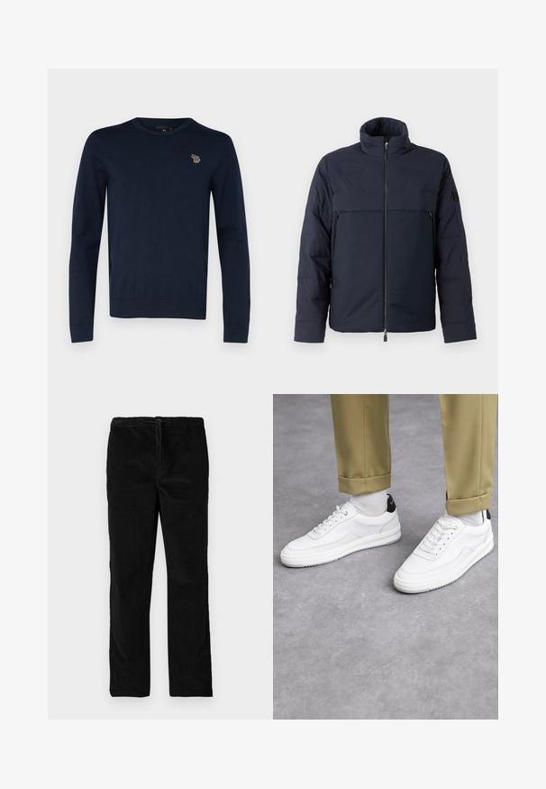 Giubbotto imbottito blu navy con colletto alto, zip frontale e tasca orizzontale sul petto. Tessuto morbido, con logo sulla manica.; Maglione a maglia blu navy con scollatura rotonda, maniche lunghe e un piccolo design ricamato di un animale sul petto. Morbido al tatto, orlo a coste.; Pantaloni neri in velluto a gamba dritta con vita elastica e cordoncino anteriore, esposti su uno sfondo bianco uniforme.; Sneaker bianchi con finitura in pelle testurizzata, punta arrotondata e accentuazione nera sul tallone. Suola in gomma con piccolo motivo di battistrada e dettagli cuciti.