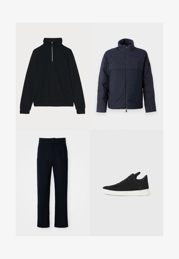 Giubbotto imbottito blu navy con colletto alto, zip frontale e tasca orizzontale sul petto. Tessuto morbido, con logo sulla manica.; GCDS ESSENTIALS HALF ZIP - Felpa - black; Pantaloni color blu navy in cotone, con design a gamba dritta, chiusura con bottone frontale e vita classica con passanti per cintura.; Sneaker in suede nero con suola in gomma bianca, caratterizzato da cuciture tonali e design con lacci. Texture liscia con una forma moderna e aerodinamica.