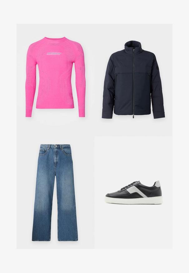 Navy puffer jacket with high collar, front zipper, and a horizontal chest pocket. Smooth fabric texture, featuring a logo on the sleeve.; MISBHV FUTURE SPORT - Jumper - pink; Wide-leg blue denim jeans featuring a classic five-pocket design, front button closure, and slight fading for texture.; Black leather sneaker with gray accents, white rubber sole, round toe, and six black eyelets for laces. Textured side panel detail.