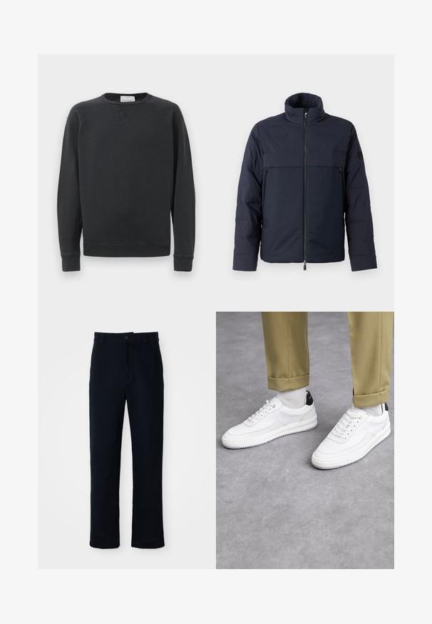 Granatowa kurtka puchowa z wysokim kołnierzem, zamkiem z przodu i poziomą kieszenią na klatce piersiowej. Gładka faktura materiału, z logo na rękawie.; Czarny długi rękaw crewneck z ribbowanymi mankietami i dolnym brzegiem, subtelnym detalem V-ścisłej poniżej kołnierza oraz metką marki wewnątrz dekoltu.; Granatowe spodnie wykonane z bawełny, z prostą nogawką, z zapięciem na guziki z przodu oraz klasycznym pasem z pętelkami na pasek.; Białe sneakersy z fakturowaną skórzaną wykończeniem, okrągłym noskiem i czarnym akcentem na pięcie. Gumowa podeszwa z małym wzorem bieżnika i przeszyciem.