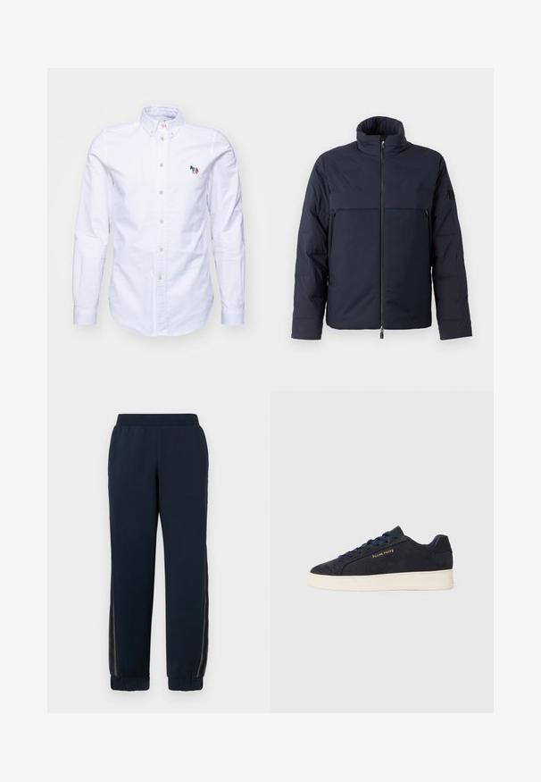 Navy modrá péřová bunda s vysokým límcem, předním zipem a vodorovnou náprsní kapsou. Hladká textilie s logem na rukávu.; PS Paul Smith MENS TAILORED FIT - Košile - whites; Námořnické tepláky s měkkou texturou, zúženými nohavicemi a síťovinovými bočními panely. Elastický pás pro pohodlí a ležérní fit.; Námornická modrá semišová nízká obuv s bílou podrážkou, námořnickými tkaničkami a zlatým logem "Filling Pieces" na boku.