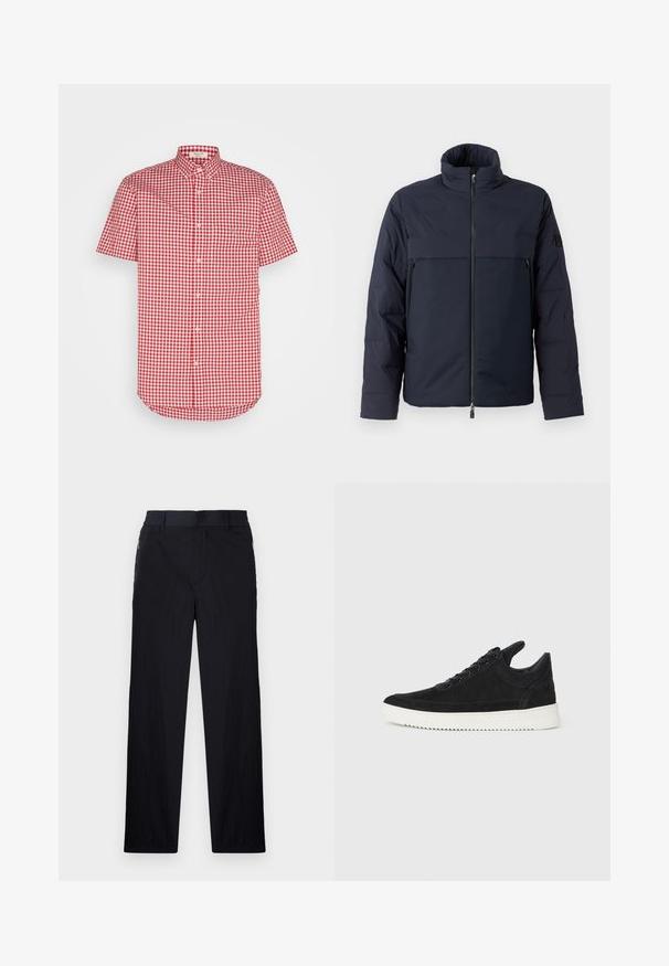 Giubbotto imbottito blu navy con colletto alto, zip frontale e tasca orizzontale sul petto. Tessuto morbido, con logo sulla manica.; Camicia a maniche corte con bottoni caratterizzata da un motivo a scacchi rosso e bianco, colletto e taschino sul petto, realizzata in tessuto leggero.; Pantaloni neri realizzati in un tessuto leggero e strutturato, con taglio dritto, vita elasticizzata e tasche laterali con zip.; Sneaker in suede nero con suola in gomma bianca, caratterizzato da cuciture tonali e design con lacci. Texture liscia con una forma moderna e aerodinamica.