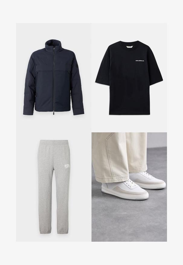 Jūras spēku pūkains jaka ar augstu apkakli, priekšējo rāvējslēdzēju un horizontālu krūšu kabatu. Gluda auduma faktūra ar logotipu uz piedurknes.; Melna kokvilnas T-kreklu ar īsām piedurknēm, arapa kaklu un mazu baltu "HOLZWEILER" logo priekšpusē, ar brīvu piegriezumu.; Pelēki kokvilnas sporta bikses ar elastīgu jostu un sašaurinātām kājām. Uz kreisā augšstilba ir balts logotips. Gluda tekstūra.; Baltas sporta apavi ar gludu ādas virsu, bēša zamšas akcentiem, plakaniem šņorēm un teksturētu gumijas zoli, saskaņoti ar gaišas krāsas platajiem biksēm.