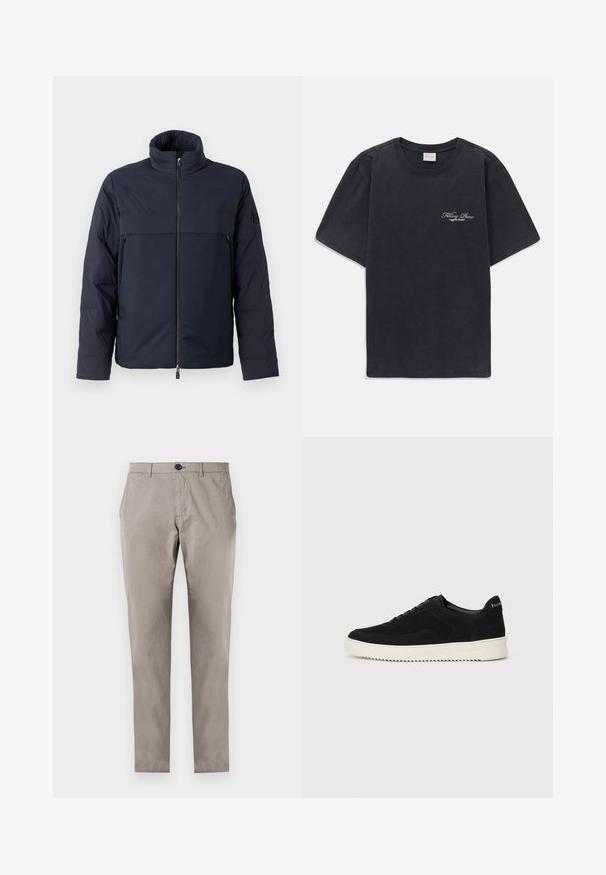 Navy puffer jacket with high collar, front zipper, and a horizontal chest pocket. Smooth fabric texture, featuring a logo on the sleeve.; Black short-sleeve crew neck t-shirt with small white "Filling Pieces" text logo on the left chest.; Gray cotton trousers with a straight fit, featuring a button closure, front pockets, and smooth texture. No other details or patterns visible.; Black suede sneaker with lace-up design and contrasting white rubber sole. Features textured side panels and subtle branding on the heel.