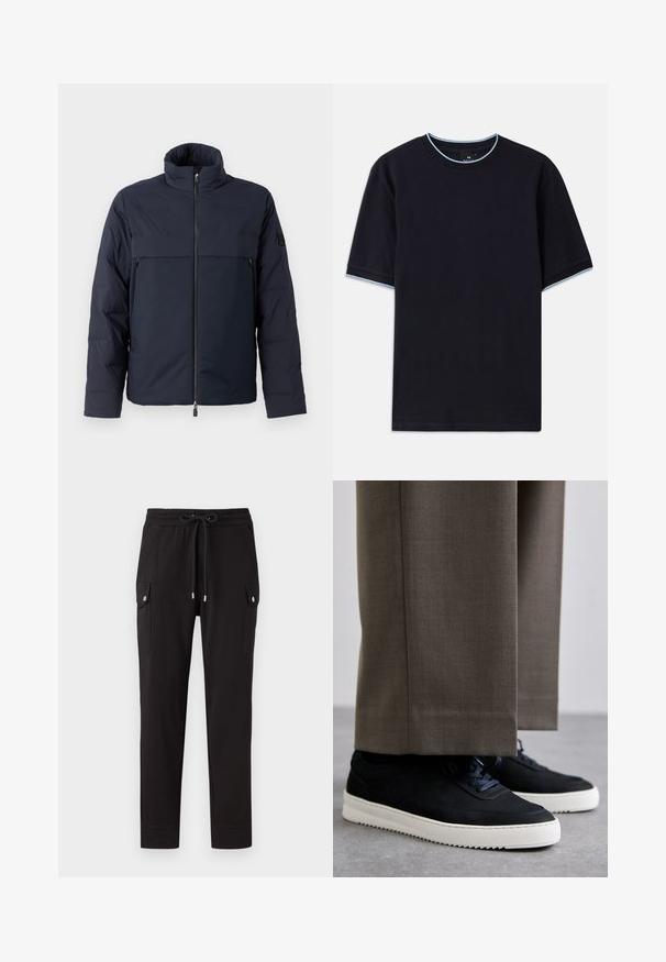 Jūras spēku pūkains jaka ar augstu apkakli, priekšējo rāvējslēdzēju un horizontālu krūšu kabatu. Gluda auduma faktūra ar logotipu uz piedurknes.; Tumši zils īsām piedurknēm T-krekls ar apaļu kakla izgriezumu, kura apkaklēs un piedurknēs ir gaismas zilas akcenti. Izgatavots no mīksta kokvilnas auduma.; Melnas sporta bikses, izgatavotas no mīkstas auduma, ar sagrieztu jostu, divām sānu kabatām ar atloki un sašaurinātiem piedurkņu galiem pie potītēm.; Melni zamšaini sporta apavi ar baltām gumijas zolēm, ar noapaļotu purngalu un auklām, valkāti ar pelēkiem piegrieztiem biksēm.