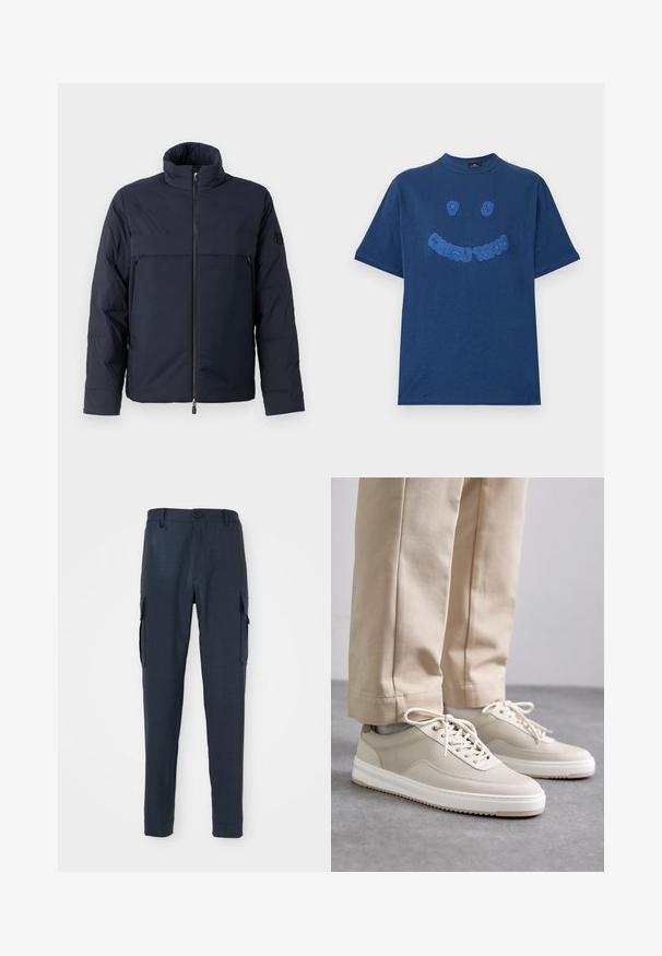 Navy puffer jacket with high collar, front zipper, and a horizontal chest pocket. Smooth fabric texture, featuring a logo on the sleeve.; Navy blue cotton t-shirt with a crew neckline. Features blue embroidered graphic text and smiley face design on the front. Short sleeves.; Navy cargo pants with a textured fabric, slim fit, button closure at the waist, and side pockets for added functionality.; Beige sneakers with a textured upper, white soles, and stitched accents, paired with beige trousers, displayed on a gray surface.