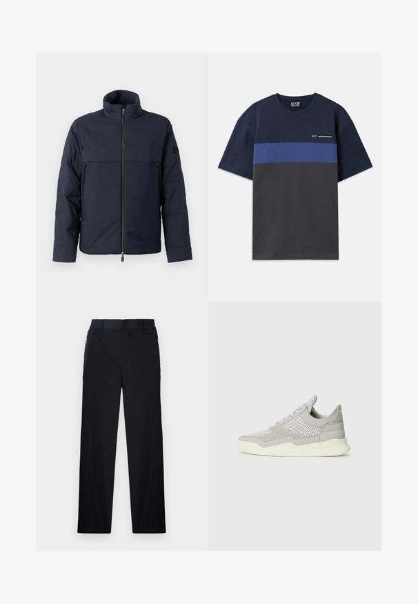 Námornícka prešívaná bunda s vysokým golierom, predným zipsom a horizontálnou náprsní kapsou. Hladký materiál s textúrou, so znakem na rukáve.; Navy modrá bavlnená tričko s horizontálnym modrým prúžkom a uhlíkovou spodnou časťou. Obsahuje malé logo na hornej ľavej strane.; Čierne nohavice z ľahkého textúrovaného materiálu, s priamym strihom, elastickým pásom a bočnými zipsovými vreckami.; Sivé tenisky s mesh a semišovými časťami, gumenou podrážkou a svetlými akcentmi. Majú zakrivený dizajn a textúrované panely.