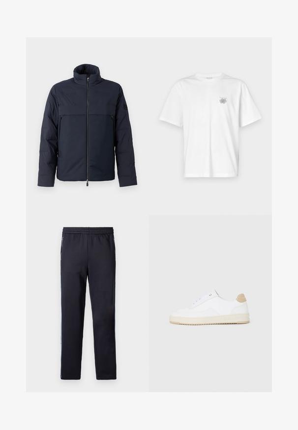 Marineblauer Pufferjacke mit hohem Kragen, Frontreißverschluss und horizontaler Brusttasche. Glatte Stoffstruktur mit einem Logo auf dem Ärmel.; Weißes T-Shirt aus Baumwolle mit kurzen Ärmeln, Rundhalsausschnitt und kleinem grauen Logo auf der linken Brustseite. Glatte Textur.; PS Paul Smith JOGGER ZEBRA - Jogginghose - dark blue; Weiße Low-Top-Sneaker mit einem strukturierten Lederobermaterial, cremefarbener, geriffelter Sohle und einem braunen Akzent an der Ferse. Mit weißen Schnürsenkeln und Logodetail an der Ferse.