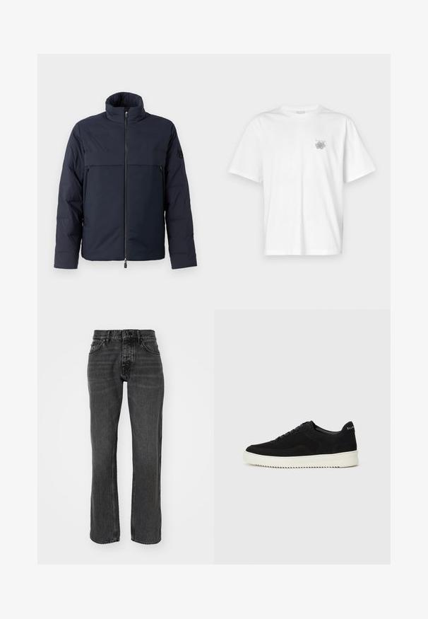 Zelena puffer jakna z visokim ovratnikom, sprednjim zadrgo in horizontalno prsno žepom. Gladka tekstura tkanine, ki ima logotip na rokavu.; Bela majica iz bombaža s kratkimi rokavi, okroglim izrezom in majhnim sivim logotipom na levi strani prsnega dela. Gladka tekstura.; Črne denim jeans s ravnim krojem, ki vključujejo standardne žepe in kontrastno šivanje. Material ima rahlo teksturo in zbledel videz.; Črni semiš teniški copati z vezalkami in kontrastnim belim gumijastim podplatom. Imajo teksturirane stranske panele in subtilno oznako na peti.
