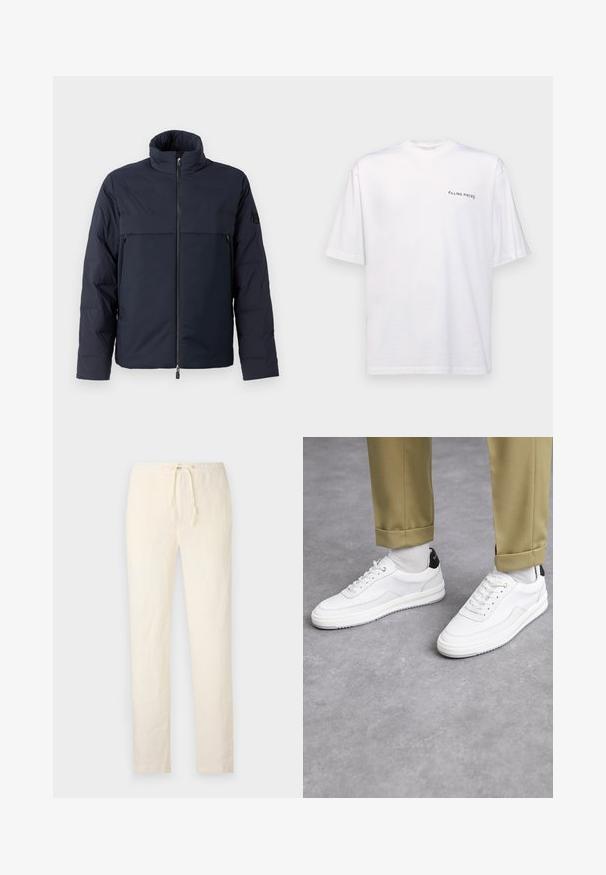 Navy puffer jacket with high collar, front zipper, and a horizontal chest pocket. Smooth fabric texture, featuring a logo on the sleeve.; White short-sleeve t-shirt in cotton with a v-neck, featuring a black "FILLING PIECES" logo printed on the left side.; 120% Lino MEN PANT - Trousers - milk; White sneakers with a textured leather finish, rounded toe, and black heel accent. Rubber sole with small tread pattern and stitched detail.