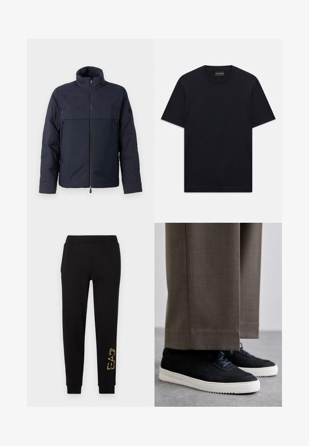 Zelena puffer jakna z visokim ovratnikom, sprednjim zadrgo in horizontalno prsno žepom. Gladka tekstura tkanine, ki ima logotip na rokavu.; Črna kratka majica s kratkimi rokavi z okroglim izrezom, z diskretno embosirano logotipno zasnovo, ki je osredotočena na prsih, ter oznako blagovne znamke znotraj ovratnika.; Črne trenirke z raztegljivim krojem, z zlatim grafičnim motivom na spodnjem delu noge in elastičnim pasom za udobje.; Črne nubuk teniske z belimi gumijastimi podplati, ki imajo zaobljen nos in vezalke, oblečene z sivimi krojenimi hlačami.