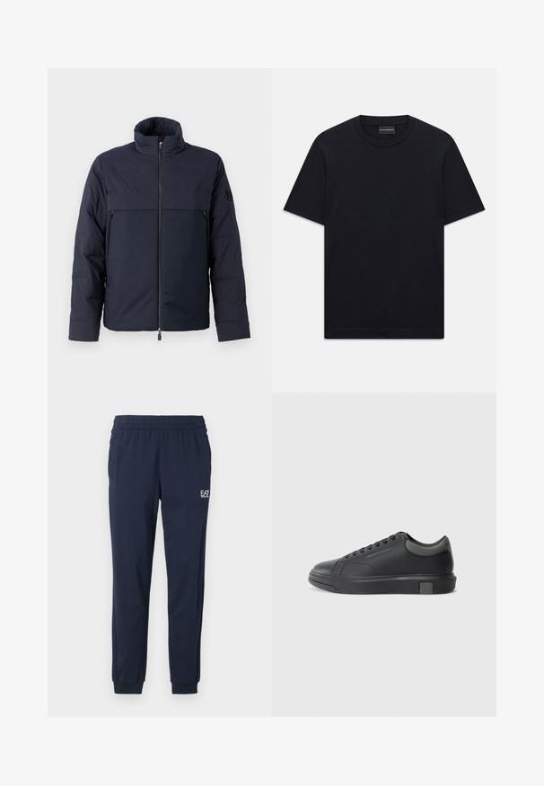 Jūrinis pūkinis džemperis su aukštu apykakle, priekyje užtrauktuku ir horizontalia kišenę krūtinėje. Lygus audinio paviršius, ant rankovės yra logotipas.; Juoda trumpo rankovės marškinėliai su apvalia iškirpte, su subtiliu iškilniu logotipo dizainu viduryje krūtinės ir ženklu vidinėje apykaklės pusėje.; Tamsiai mėlyni treniruočių kelnės su elastine juosta ir rankovėmis. Kairėje kojoje yra mažas baltas logotipas. Pagaminta iš minkštos, elastingos medžiagos.; Juodos odinės sportinės bateliai su lygiu paviršiumi, apvaliu nose ir tamsiai pilkais akcentais. Turi raištelių dizainą ir tekstūruotą gumos padas.