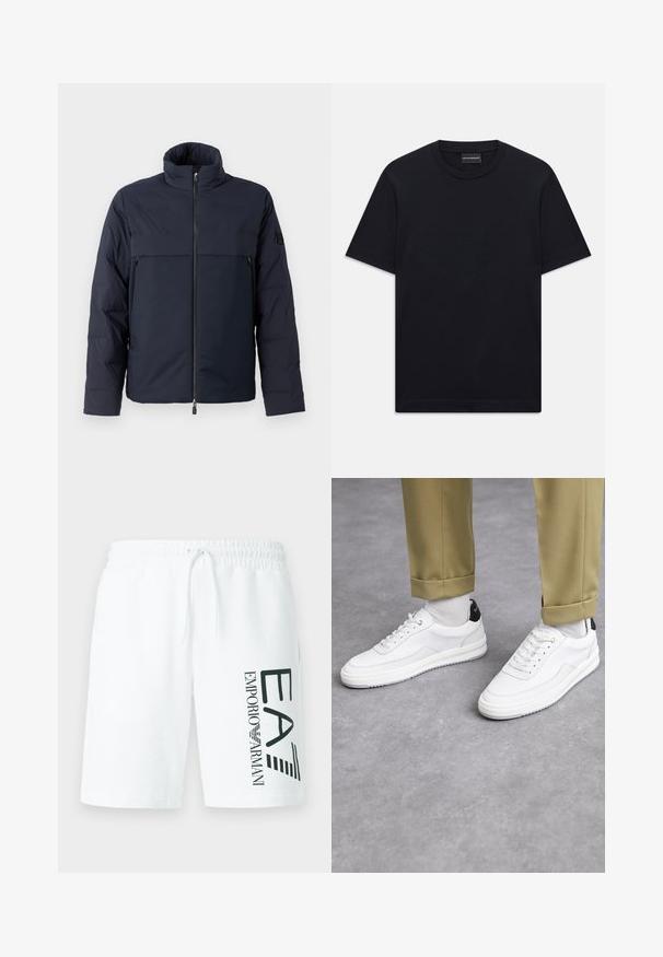 Giubbotto imbottito blu navy con colletto alto, zip frontale e tasca orizzontale sul petto. Tessuto morbido, con logo sulla manica.; T-shirt nero a maniche corte con colletto a girocollo, dotato di un sottile motivo a rilievo al centro del petto e di un'etichetta di marca all'interno del colletto.; Pantaloncini bianchi in cotone con vita elasticizzata e coulisse. Presentano il logo verde stampato "EA7 EMPORIO ARMANI" sul lato sinistro.; Sneaker bianchi con finitura in pelle testurizzata, punta arrotondata e accentuazione nera sul tallone. Suola in gomma con piccolo motivo di battistrada e dettagli cuciti.