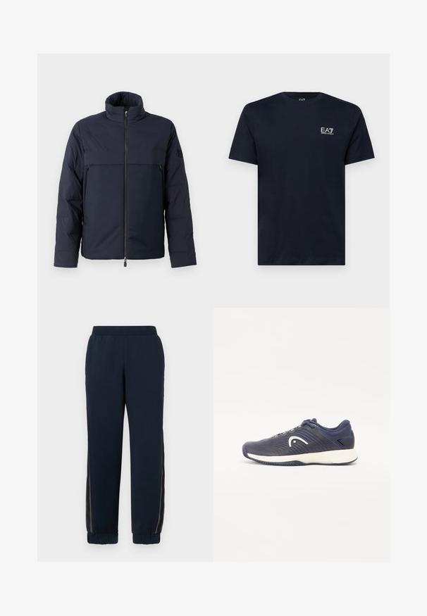 Jachetă puffer marină cu guler înalt, fermoar frontal și un buzunar orizontal pe piept. Textură netedă a materialului, având un logo pe mânecă.; Tricou din bumbac de culoare bleumarin, cu mâneci scurte, guler rotund și un mic logo alb brodat pe partea stângă a pieptului. Textură netedă.; Pantaloni de trening bleumarin cu o textură moale, manșete conice și panouri laterale din plasă. Talie elastică pentru confort și o potrivire relaxată.; Pantofi sport navy cu un design texturat și un logo alb. Au o talpă cu amortizare și accente de culoare albastru închis pe partea superioară și pe călcâi.