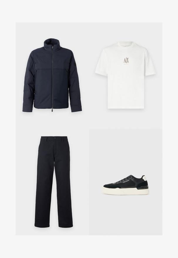 Zelena puffer jakna z visokim ovratnikom, sprednjim zadrgo in horizontalno prsno žepom. Gladka tekstura tkanine, ki ima logotip na rokavu.; Bela bombažna majica s krožnim izrezom. Ima majhen bež logotip "A|X" in "ARMANI EXCHANGE" napisano spodaj. Kratke rokave, običajen kroj.; Črne hlače iz bombaža, s pravim krojem, spredaj na gumb in stranskimi žepi. Preprost in funkcionalen stil.; Črne superge iz mrežastega materiala in usnja, z debelim belim podplatom in kontrastnimi poudarki. Pertle in detajl logotipa ob strani.
