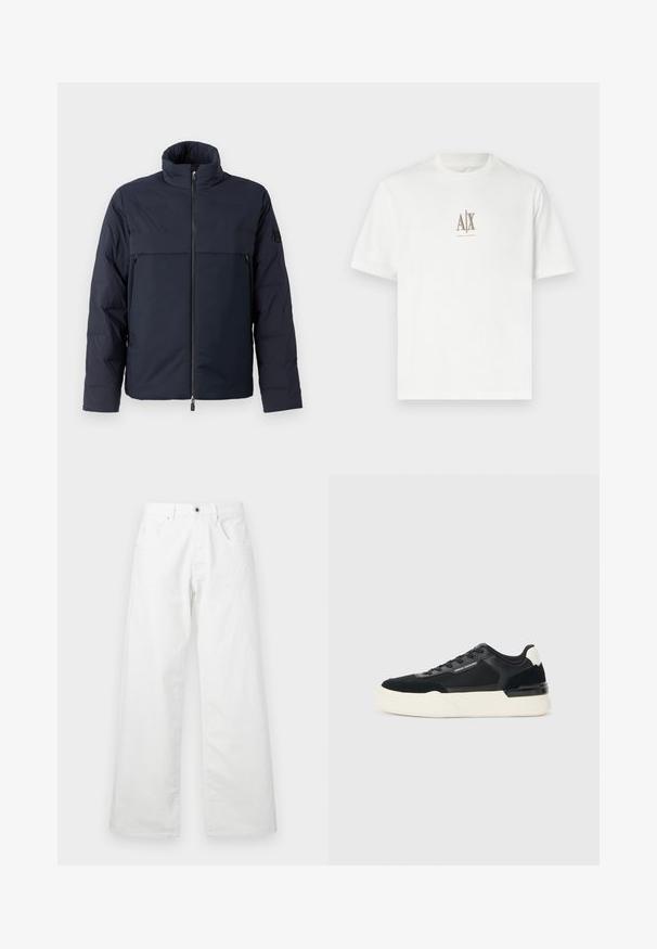 Zelena puffer jakna z visokim ovratnikom, sprednjim zadrgo in horizontalno prsno žepom. Gladka tekstura tkanine, ki ima logotip na rokavu.; Bela bombažna majica s krožnim izrezom. Ima majhen bež logotip "A|X" in "ARMANI EXCHANGE" napisano spodaj. Kratke rokave, običajen kroj.; Beli denim hlače s ravnim krojem, ki imajo dve sprednji žepki in gumbasto zapiranje. Gladka tekstura s nekoliko zbledelim videzom.; Črne superge iz mrežastega materiala in usnja, z debelim belim podplatom in kontrastnimi poudarki. Pertle in detajl logotipa ob strani.