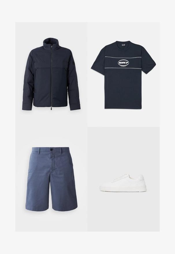 Tamno plava jakna s punjenjem, visokog ovratnika, prednjim patentnim zatvaračem i horizontalnom džepom na prsima. Glatka tekstura tkanine, s logotipom na rukavu.; Tamnoplava pamučna majica s kratkim rukavima, sa bijelim logotipom i prugama preko prsnog dijela. Okrugli izrez, opušteni kroj.; Tamnoplave pamučne šortse s ravnim prednjim dijelom, jednim dugmetom, dva bočna džepa i ravnim krojem. Glatka tekstura, bez vidljivih uzoraka.; Bijela tenisica s glatkim kožnim gornjim dijelom, okruglim vrhom, vezicama, teksturiranim bočnim detaljima i debelim gumeni potplat. Minimalistički dizajn.